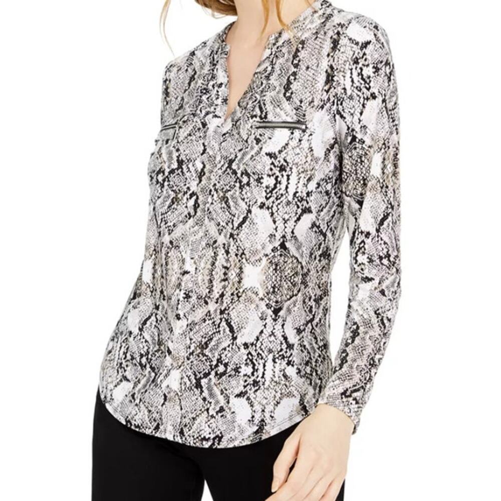 INC International Concepts Printed Zip-Pocket Long Sleeve Top in Opulent Black